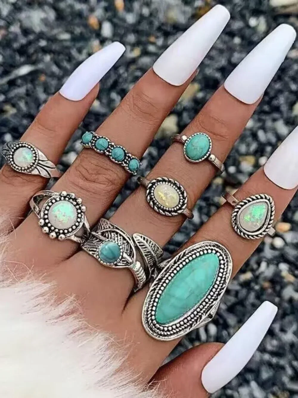 Western Turquoise Ring Set for Women Vintage Knuckle Rings Turquoise Stackable R - Picture 7 of 7